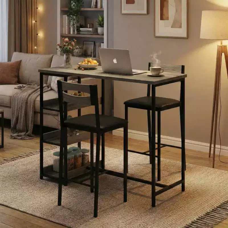 Set da Bar 3 Pezzi con 2 Ripiani Portaoggetti, Set da Pranzo Salvaspazio per Cucina con Sedie in Pelle PU