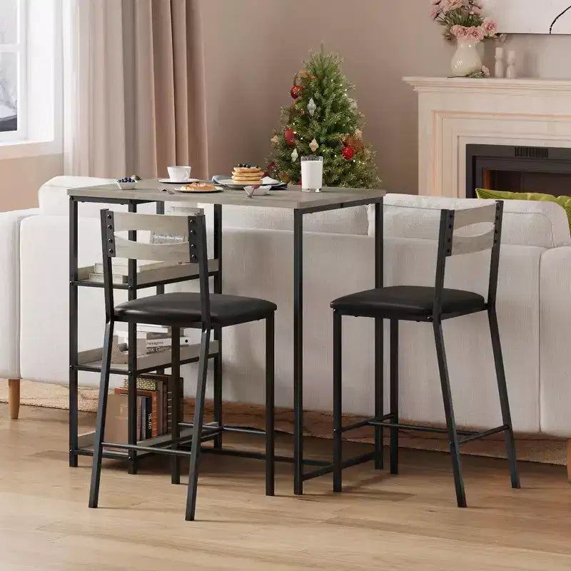 Set da Bar 3 Pezzi con 2 Ripiani Portaoggetti, Set da Pranzo Salvaspazio per Cucina con Sedie in Pelle PU