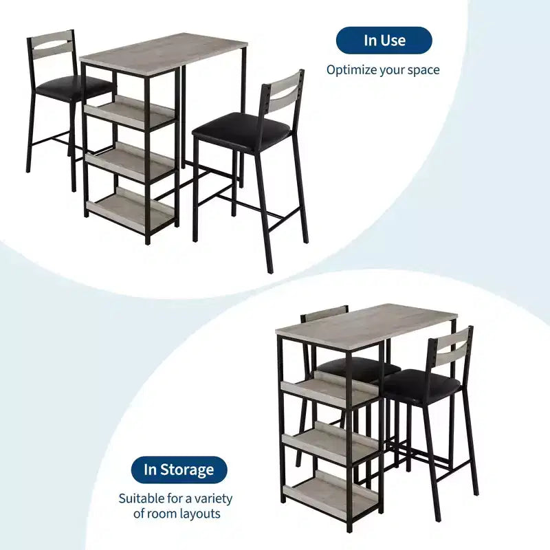 Set da Bar 3 Pezzi con 2 Ripiani Portaoggetti, Set da Pranzo Salvaspazio per Cucina con Sedie in Pelle PU