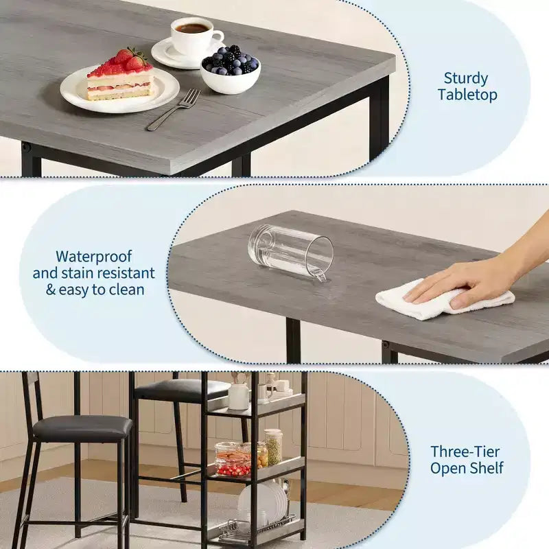 Set da Bar 3 Pezzi con 2 Ripiani Portaoggetti, Set da Pranzo Salvaspazio per Cucina con Sedie in Pelle PU