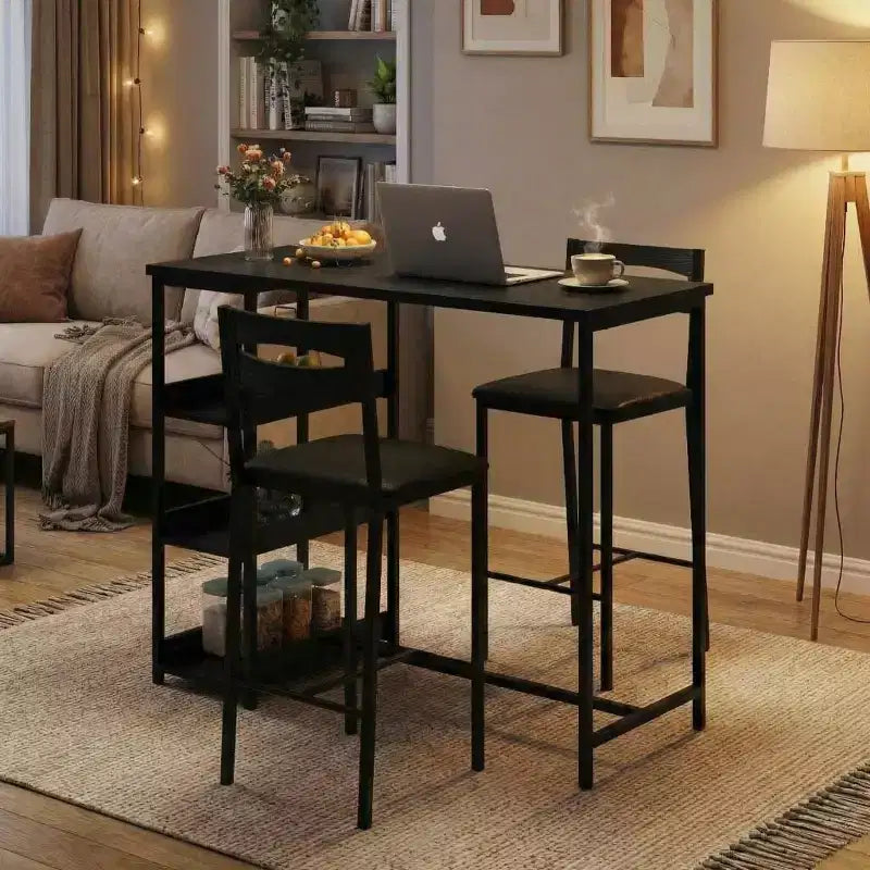 Set da Bar 3 Pezzi con 2 Ripiani Portaoggetti, Set da Pranzo Salvaspazio per Cucina con Sedie in Pelle PU