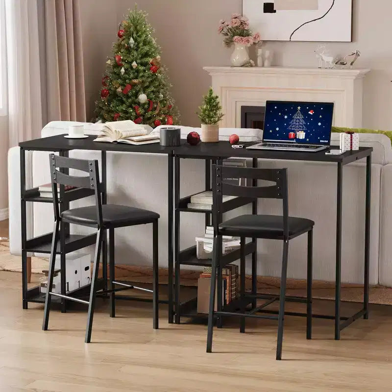 Ensemble table de bar 3 pièces avec 2 étagères de rangement, ensemble de salle à manger de cuisine compact avec chaises en cuir PU