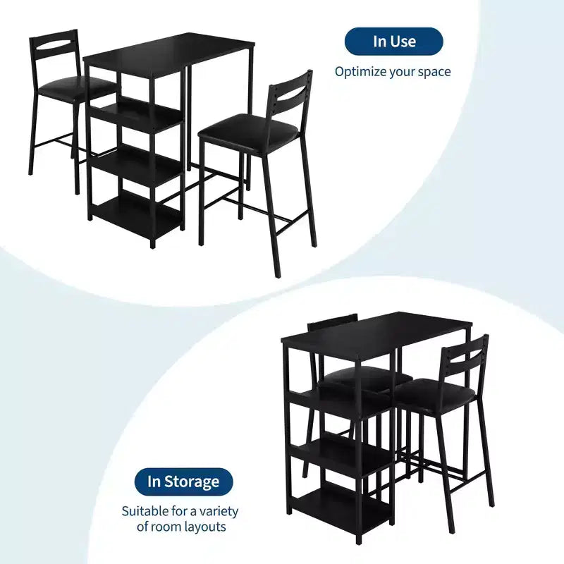 Set da Bar 3 Pezzi con 2 Ripiani Portaoggetti, Set da Pranzo Salvaspazio per Cucina con Sedie in Pelle PU