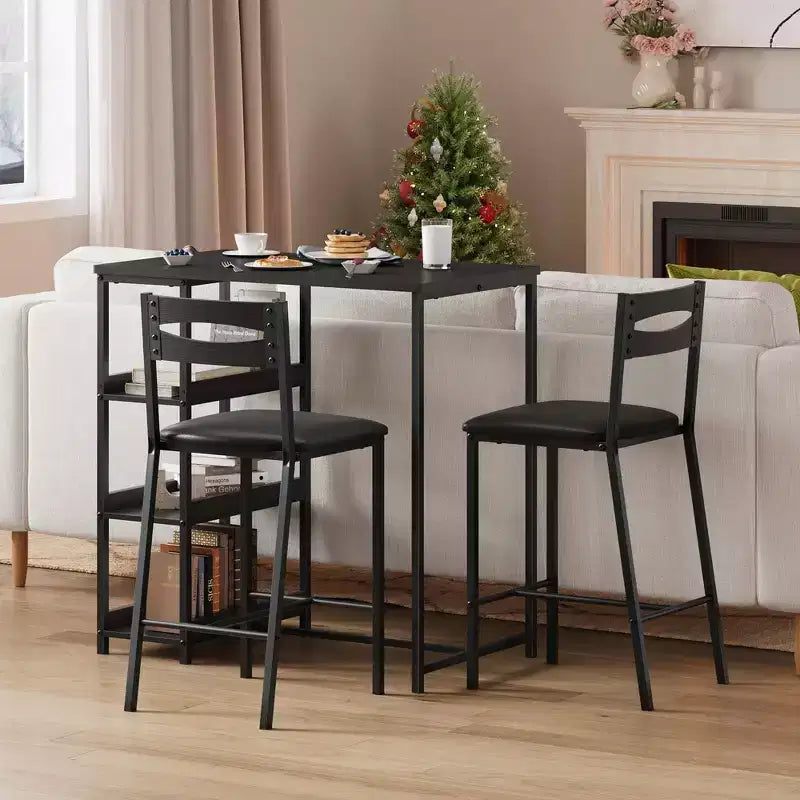 Set da Bar 3 Pezzi con 2 Ripiani Portaoggetti, Set da Pranzo Salvaspazio per Cucina con Sedie in Pelle PU