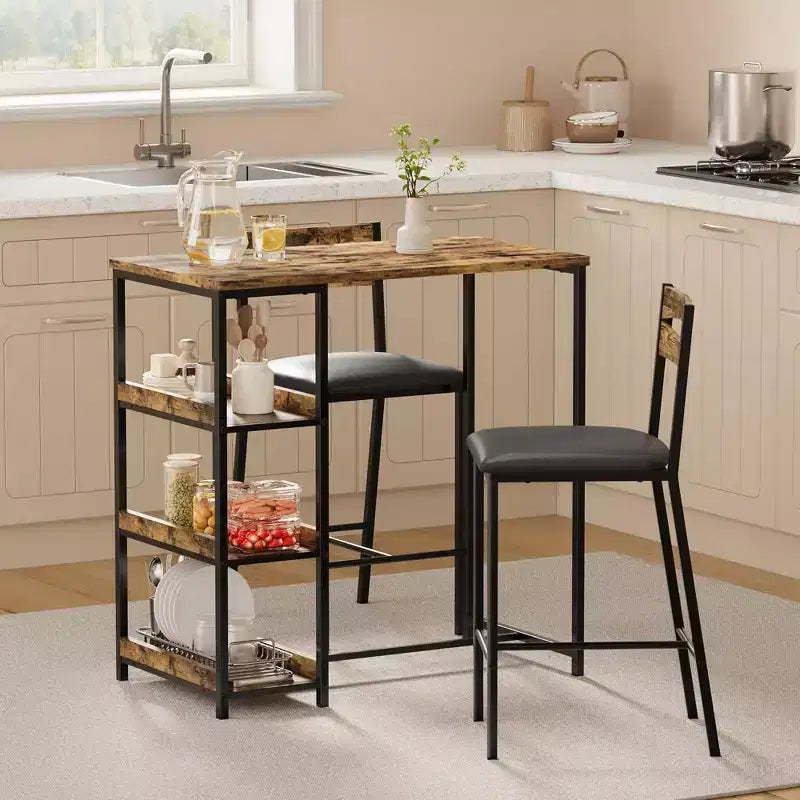 Ensemble table de bar 3 pièces avec 2 étagères de rangement, ensemble de salle à manger de cuisine compact avec chaises en cuir PU