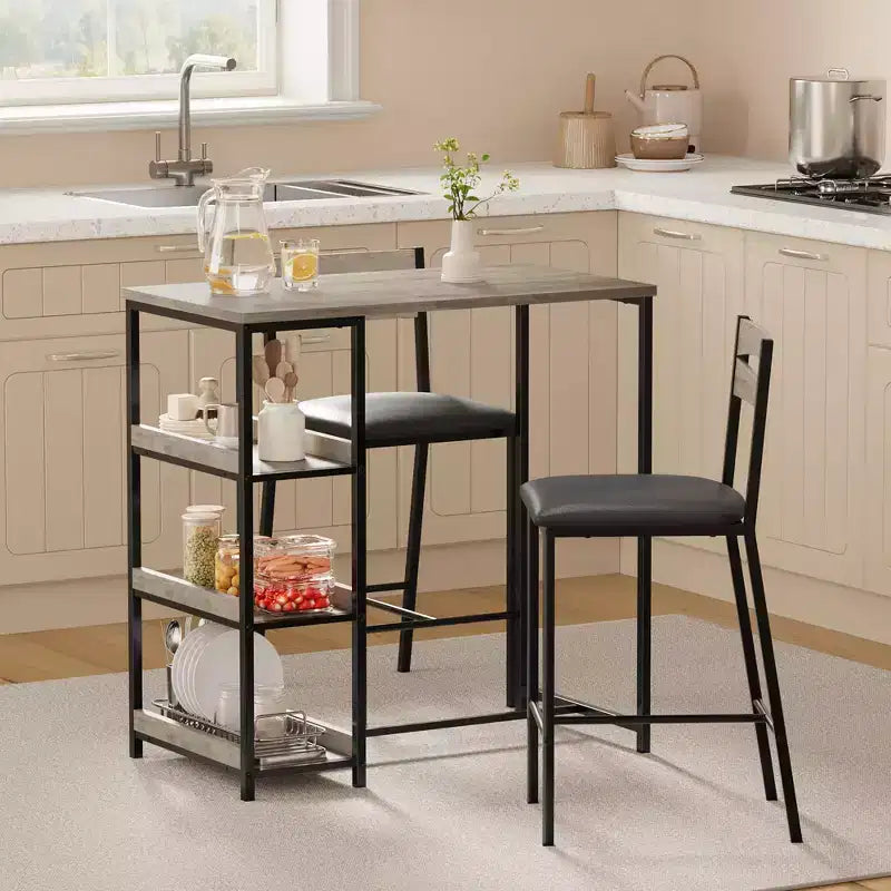 Ensemble table de bar 3 pièces avec 2 étagères de rangement, ensemble de salle à manger de cuisine compact avec chaises en cuir PU