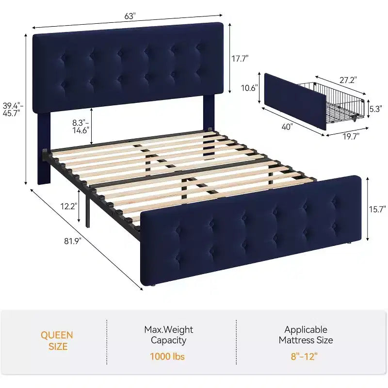 Queen Size Velvet Upholstered Platform Bed Frame, 4 Drawers & Adjustable Headboard, Button Tufted, Wooden Slats, No Box Spring Needed, Blue