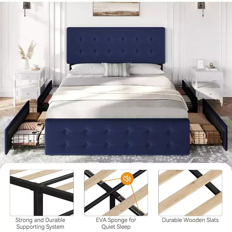 Cadre de lit plateforme capitonné en velours, taille Queen, 4 tiroirs et tête de lit réglable, capitonnage boutonné, lattes en bois, aucun sommier tapissier requis, bleu