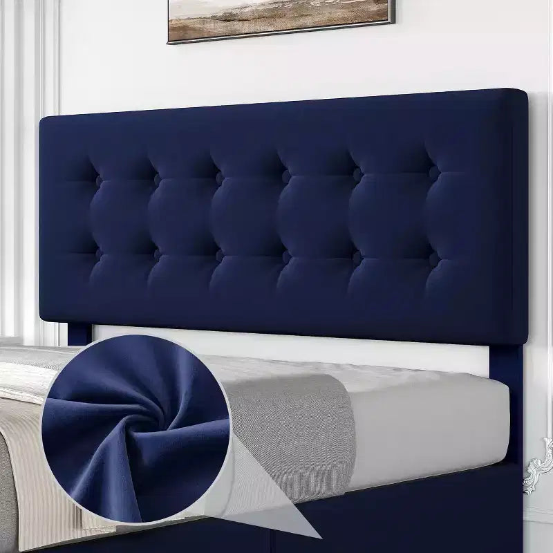 Cadre de lit plateforme capitonné en velours, taille Queen, 4 tiroirs et tête de lit réglable, capitonnage boutonné, lattes en bois, aucun sommier tapissier requis, bleu