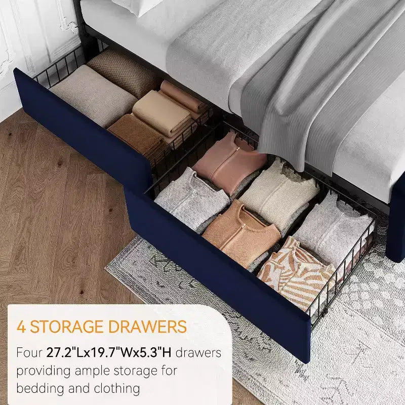 Cadre de lit plateforme capitonné en velours, taille Queen, 4 tiroirs et tête de lit réglable, capitonnage boutonné, lattes en bois, aucun sommier tapissier requis, bleu