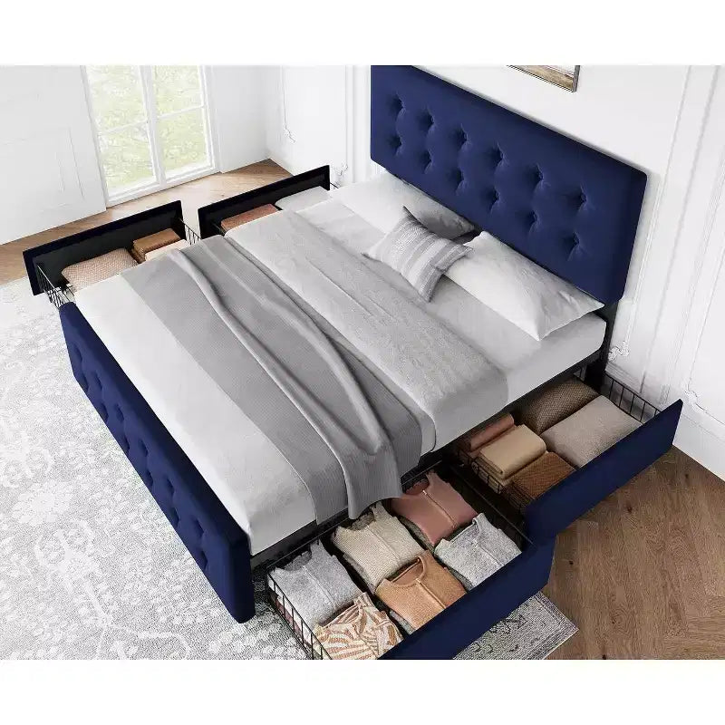 Cadre de lit plateforme capitonné en velours, taille Queen, 4 tiroirs et tête de lit réglable, capitonnage boutonné, lattes en bois, aucun sommier tapissier requis, bleu