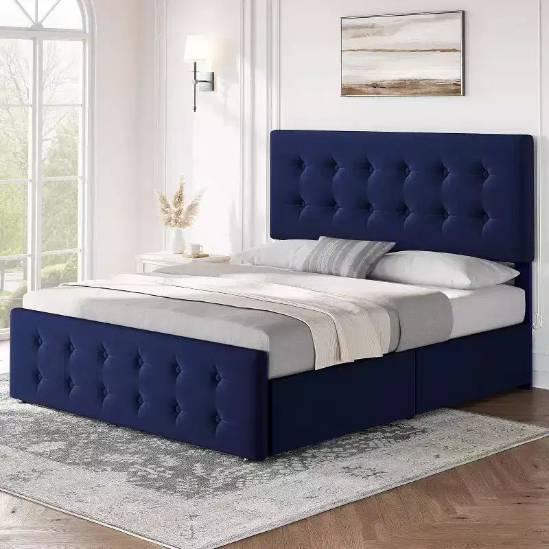 Telaio per letto a piattaforma rivestito in velluto Queen Size, 4 cassetti e testiera regolabile, capitonné, doghe in legno, non necessita di rete a molle, blu