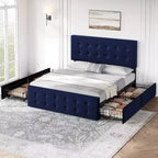 Telaio per letto a piattaforma rivestito in velluto Queen Size, 4 cassetti e testiera regolabile, capitonné, doghe in legno, non necessita di rete a molle, blu