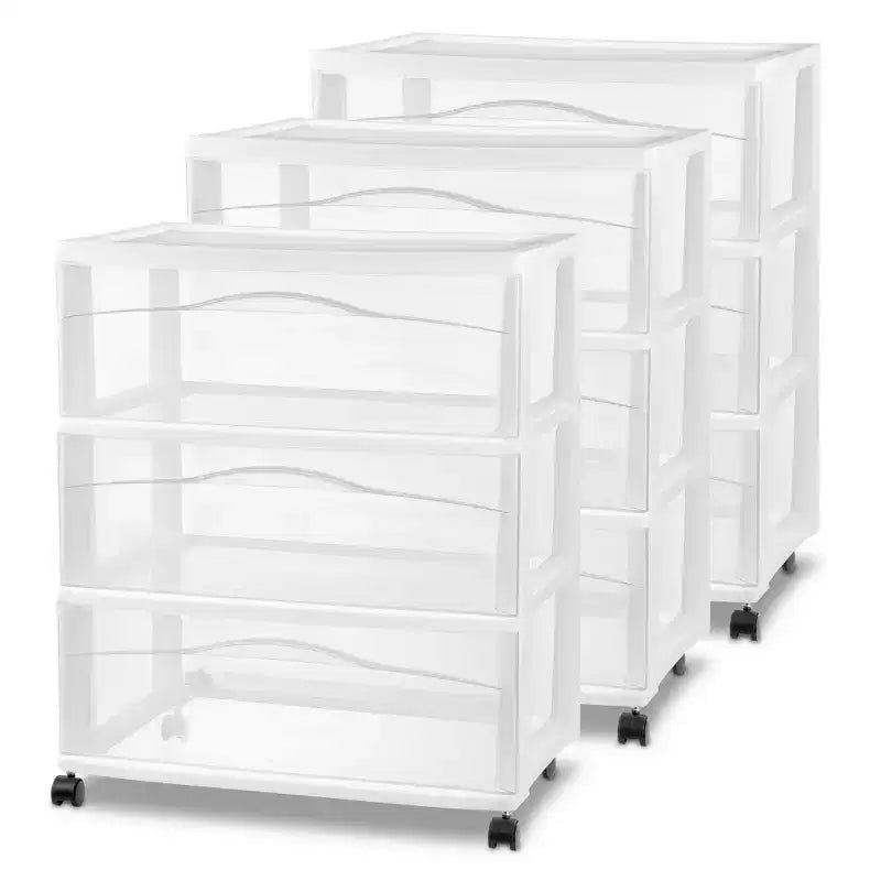 Sterilite Wide 3 Drawer Storage Cart, Plastic Rolling Organizer, White, 3 Pack