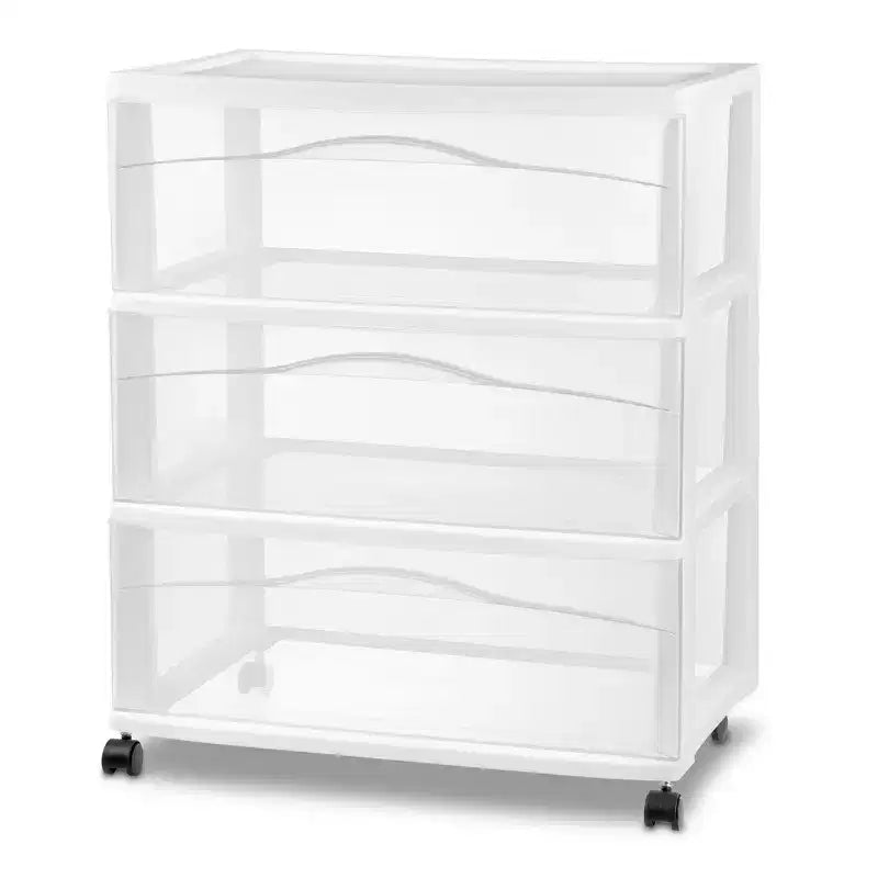 Sterilite Cassettiera Larga a 3 Cassetti, Organizzatore Mobile in Plastica, Bianco, Confezione da 3