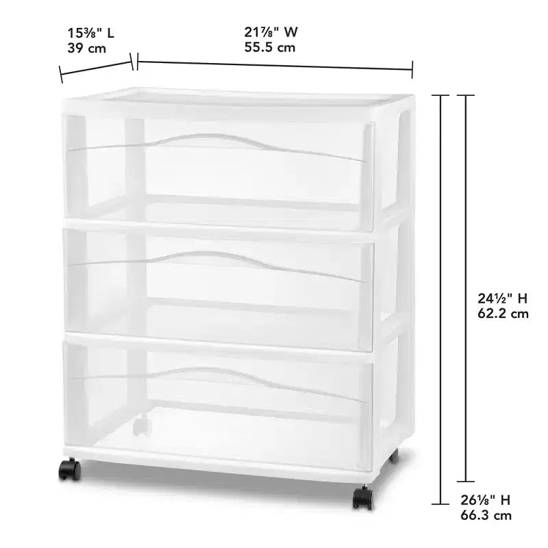 Sterilite Cassettiera Larga a 3 Cassetti, Organizzatore Mobile in Plastica, Bianco, Confezione da 3
