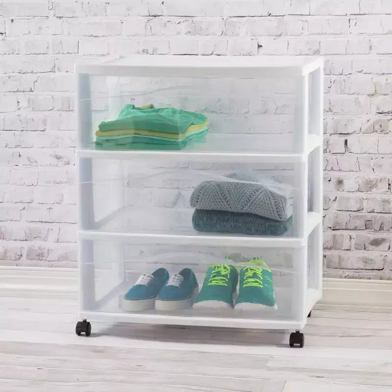 Sterilite Cassettiera Larga a 3 Cassetti, Organizzatore Mobile in Plastica, Bianco, Confezione da 3
