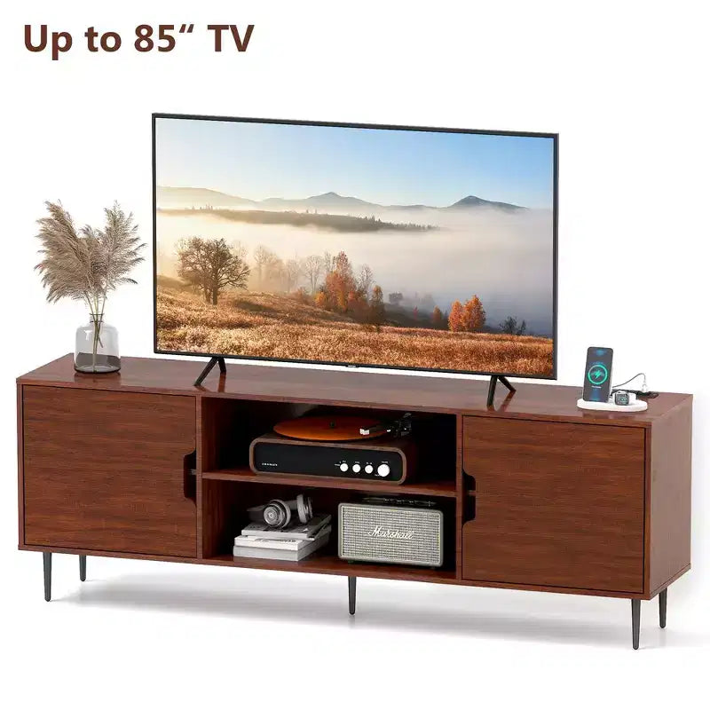 Skyzoo TV Stand with Swivel Mount & Power Outlet for 50/55/65 inches TV for Living Room, Height Adjustable, Walnut