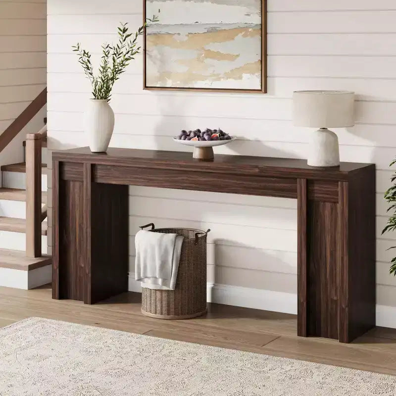 Console extra-longue en bois avec 2 tiroirs et 2 étagères de rangement, table d'appoint robuste et résistante aux marques pour entrée ou canapé de salon