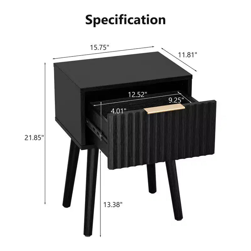 Karl Home Comodino Nero con rilievo 39,88 cm, truciolato e MDF, melamina e termoformatura, 1 cassetto, gambe alte (2 pz)