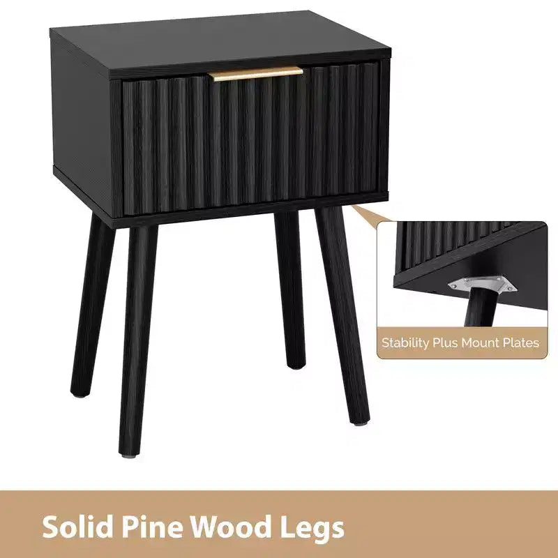 Karl Home Comodino Nero con rilievo 39,88 cm, truciolato e MDF, melamina e termoformatura, 1 cassetto, gambe alte (2 pz)