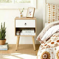 Karl Home 15.0In. White & Oak Nightstand, P2 Particleboard & Solid Legs, Matte Melamine, Ring Handle, 1 Drawer