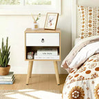 Karl Home 15.0In. White & Oak Nightstand, P2 Particleboard & Solid Legs, Matte Melamine, Ring Handle, 1 Drawer