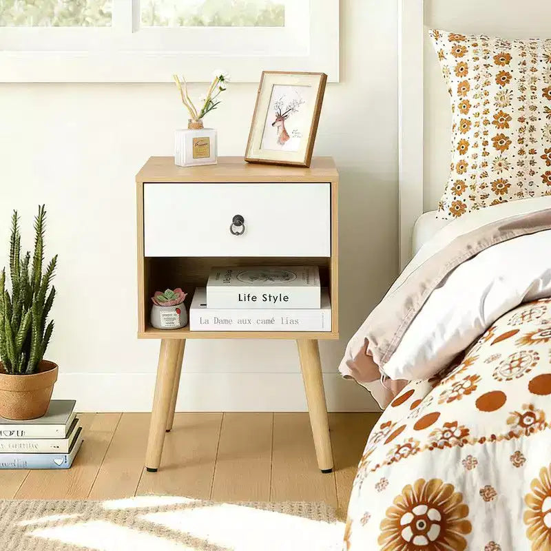 Karl Home 15.0In. White & Oak Nightstand, P2 Particleboard & Solid Legs, Matte Melamine, Ring Handle, 1 Drawer