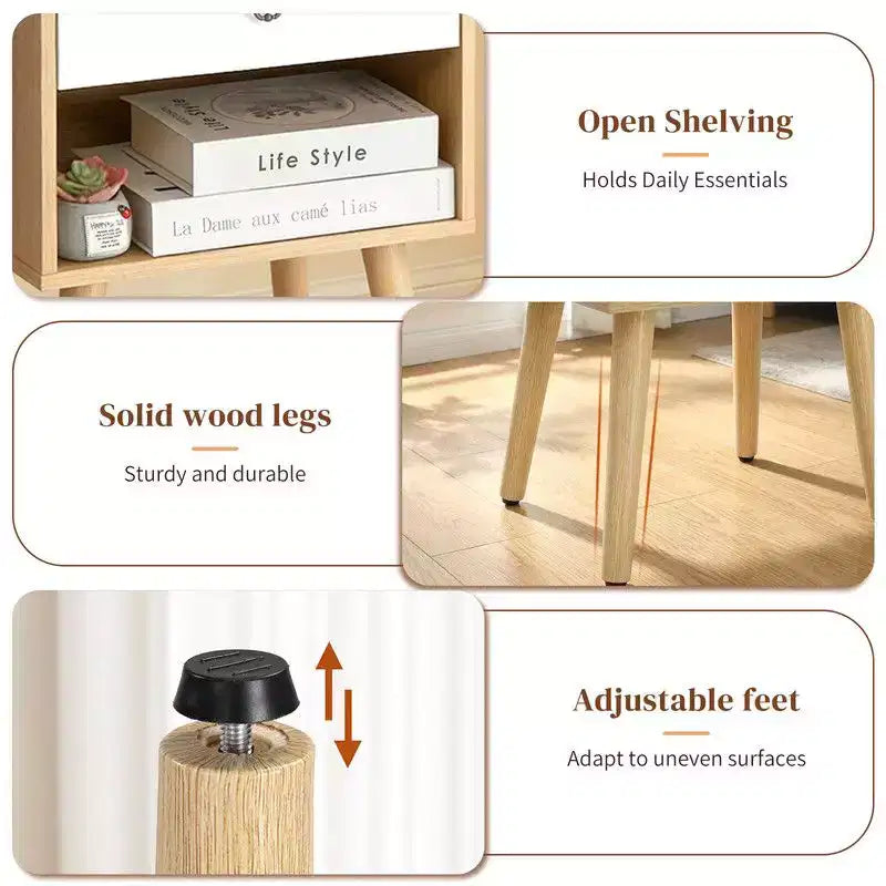 Comodino Karl Home, 38,1 cm, bianco e rovere, truciolare P2 e gambe solide, melamina opaca, maniglia ad anello, 1 cassetto