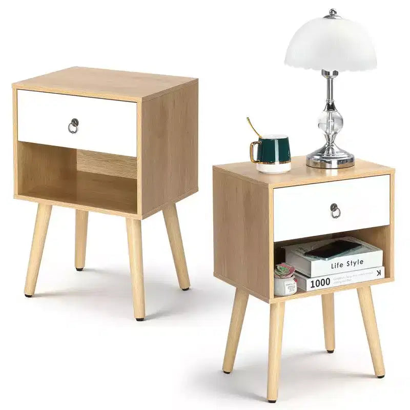 Comodino Karl Home, 38,1 cm, bianco e rovere, truciolare P2 e gambe solide, melamina opaca, maniglia ad anello, 1 cassetto