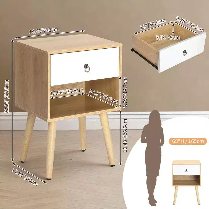 Comodino Karl Home, 38,1 cm, bianco e rovere, truciolare P2 e gambe solide, melamina opaca, maniglia ad anello, 1 cassetto