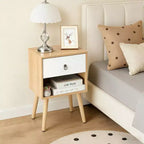 Comodino Karl Home, 38,1 cm, bianco e rovere, truciolare P2 e gambe solide, melamina opaca, maniglia ad anello, 1 cassetto