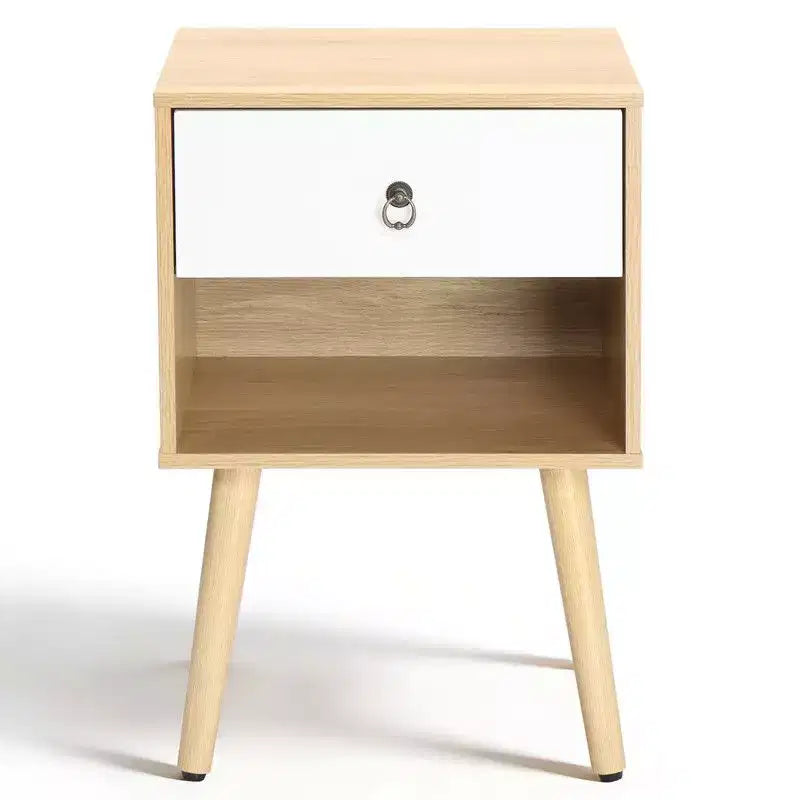 Comodino Karl Home, 38,1 cm, bianco e rovere, truciolare P2 e gambe solide, melamina opaca, maniglia ad anello, 1 cassetto