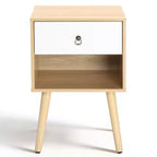 Comodino Karl Home, 38,1 cm, bianco e rovere, truciolare P2 e gambe solide, melamina opaca, maniglia ad anello, 1 cassetto