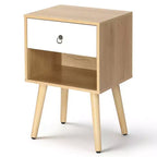 Comodino Karl Home, 38,1 cm, bianco e rovere, truciolare P2 e gambe solide, melamina opaca, maniglia ad anello, 1 cassetto