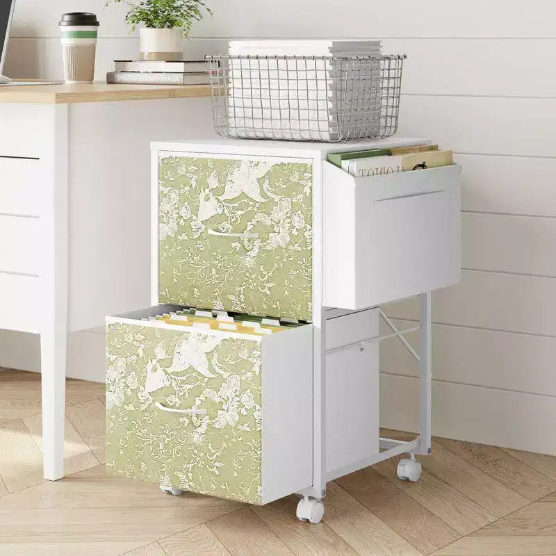 Karl Home15 Inch Embossed Metal Framed Wooden File Cabinet with 2 Drawers and Wheels