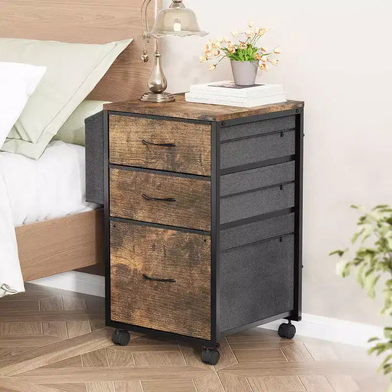 Karl Home15 Inch Embossed Metal Framed Wooden File Cabinet with 3 Drawers and Wheels