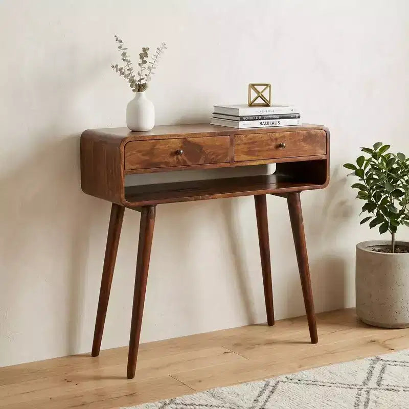 HomeRoots 35 Consolle in Legno Massello di Castagno con Ripiano e Due Cassetti