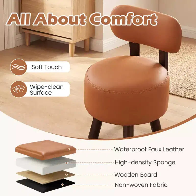 Set di 2 sgabelli poggiapiedi piccoli Costway con schienale e gambe in legno di gomma per camera da letto Bianco/Nero/Noce/Arancione
