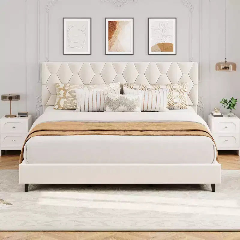 Bed Frame Twin XL/King Size w/ Adjustable Headboard, Upholstered Platform Bed w/Sturdy Wood Slats Support, No Box Spring Needed