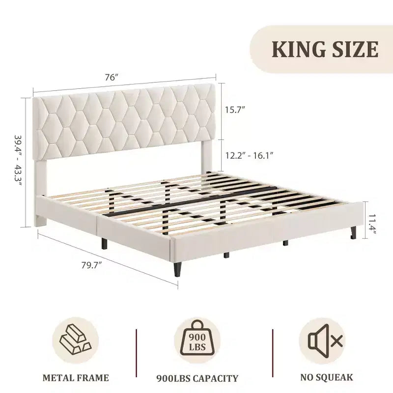 Cadre de lit Twin XL/King Size avec tête de lit réglable, lit plateforme rembourré avec support de lattes en bois robustes, aucun sommier tapissier requis