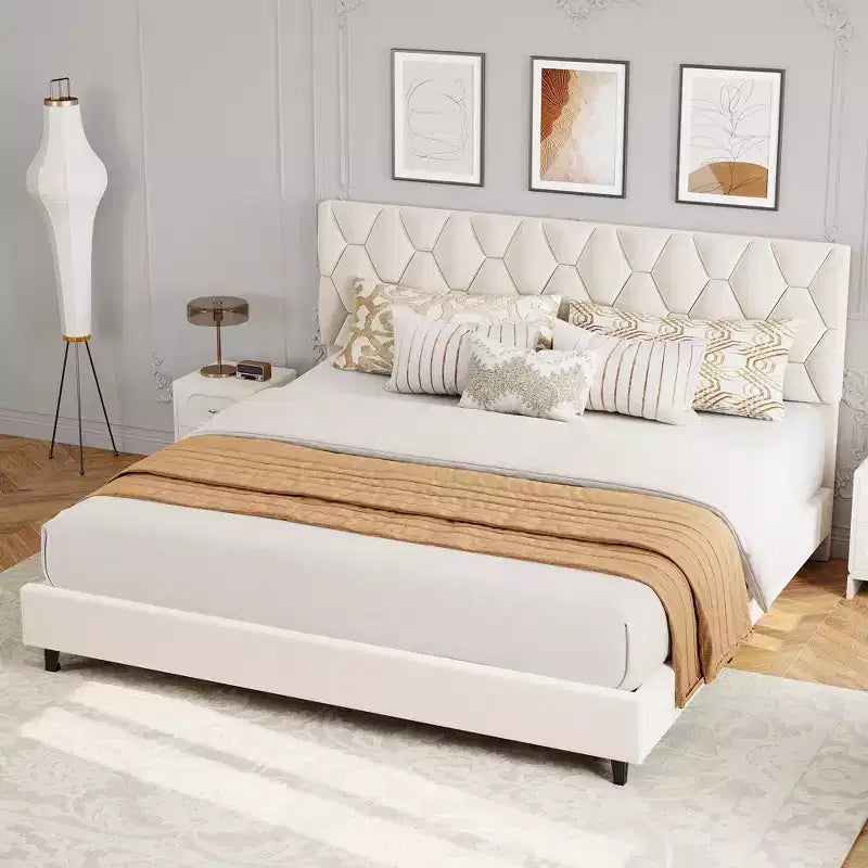 Cadre de lit Twin XL/King Size avec tête de lit réglable, lit plateforme rembourré avec support de lattes en bois robustes, aucun sommier tapissier requis
