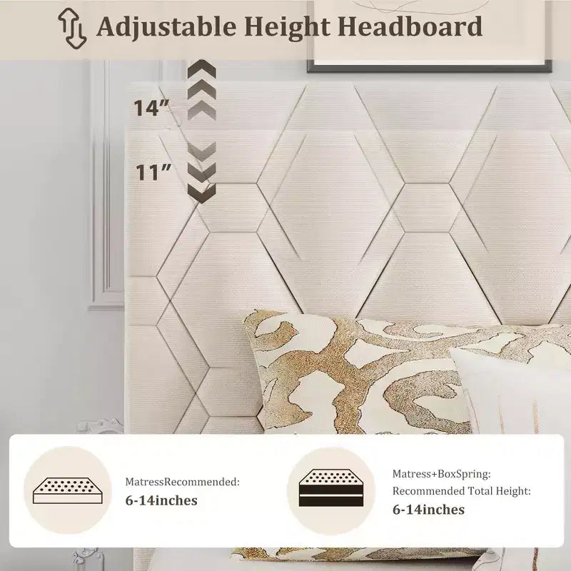Cadre de lit Twin XL/King Size avec tête de lit réglable, lit plateforme rembourré avec support de lattes en bois robustes, aucun sommier tapissier requis