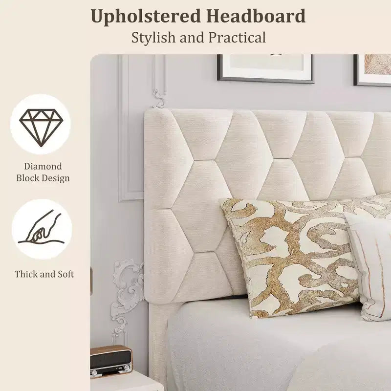 Cadre de lit Twin XL/King Size avec tête de lit réglable, lit plateforme rembourré avec support de lattes en bois robustes, aucun sommier tapissier requis