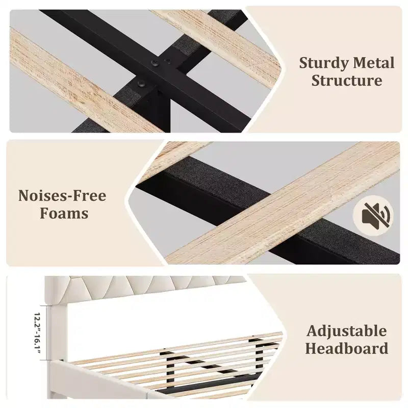 Struttura Letto Singolo XL/Matrimoniale con Testiera Regolabile, Letto Imbottito con Robuste Doghe in Legno, Nessun Box Spring Necessario