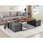 Caitlin 35 Weathered Oak Wood Grain 5 Piece Coffee Table Set, 4 Storage Stools MDF Top Black Metal Base