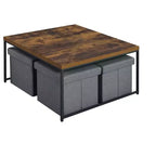 Caitlin 35, Set Tavolino da Salotto 5 Pezzi con Finitura Venata Rovere Invecchiato, 4 Sgabelli Contenitore, Piano in MDF, Base in Metallo Nero