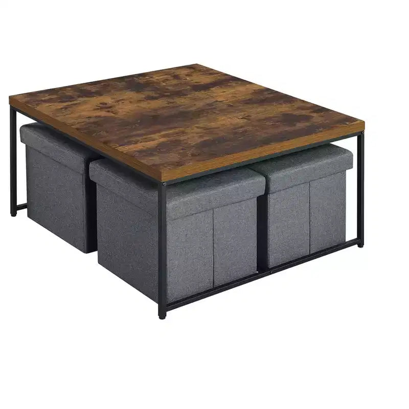 Caitlin 35, Set Tavolino da Salotto 5 Pezzi con Finitura Venata Rovere Invecchiato, 4 Sgabelli Contenitore, Piano in MDF, Base in Metallo Nero