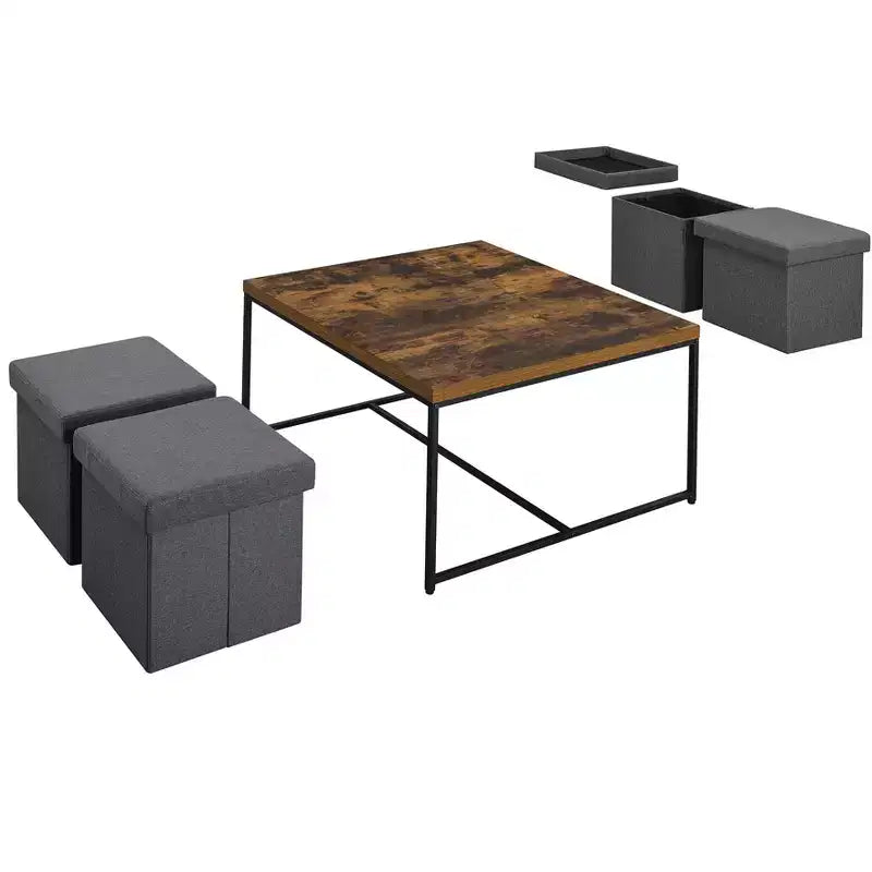 Caitlin 35, Set Tavolino da Salotto 5 Pezzi con Finitura Venata Rovere Invecchiato, 4 Sgabelli Contenitore, Piano in MDF, Base in Metallo Nero