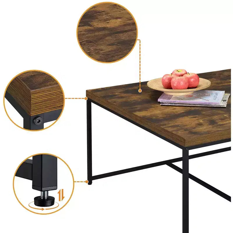 Caitlin 35, Set Tavolino da Salotto 5 Pezzi con Finitura Venata Rovere Invecchiato, 4 Sgabelli Contenitore, Piano in MDF, Base in Metallo Nero